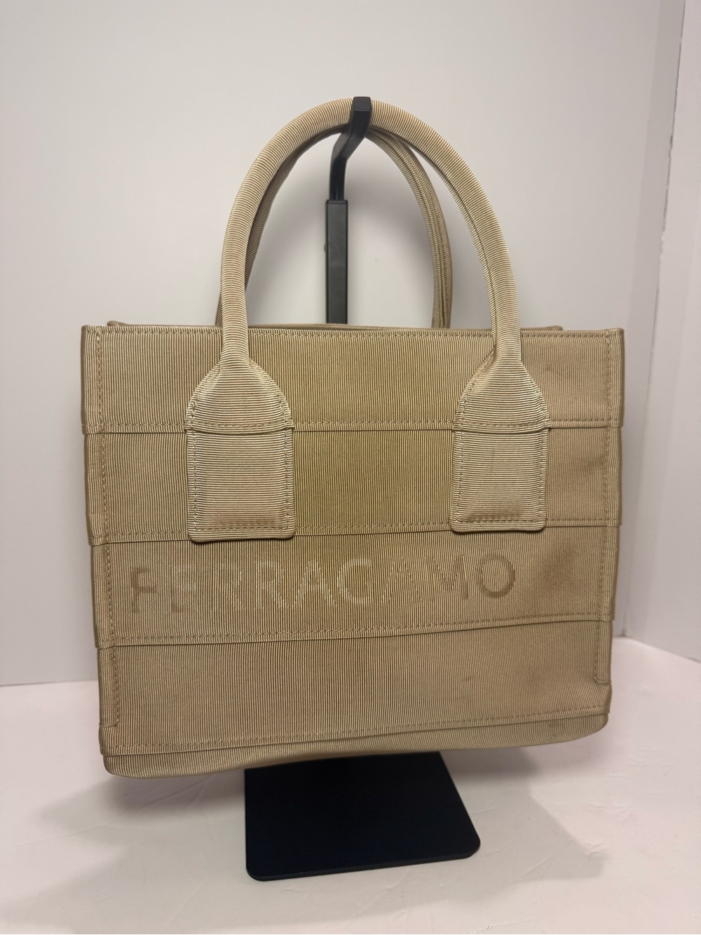 Ferragamo Beige Grosgrain Logo Mini Tote Handbag Italy - Picture 2 of 11